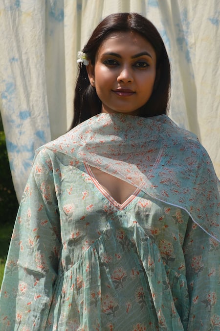 Shop Studio Malang Blue Organza, Chanderi Embroidery V-neck Floral Stripe Print Anarkali Set Online at Aza Fashions Shop_Studio Malang_Blue Organza, Chanderi Embroidery V-neck Floral Stripe Print Anarkali Set_Online_at_Aza_Fashions