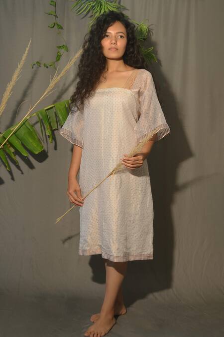 Studio Malang_Beige Tissue Embroidery Square Neck Huma Polka Dot Print Dress_Online_at_Aza_Fashions