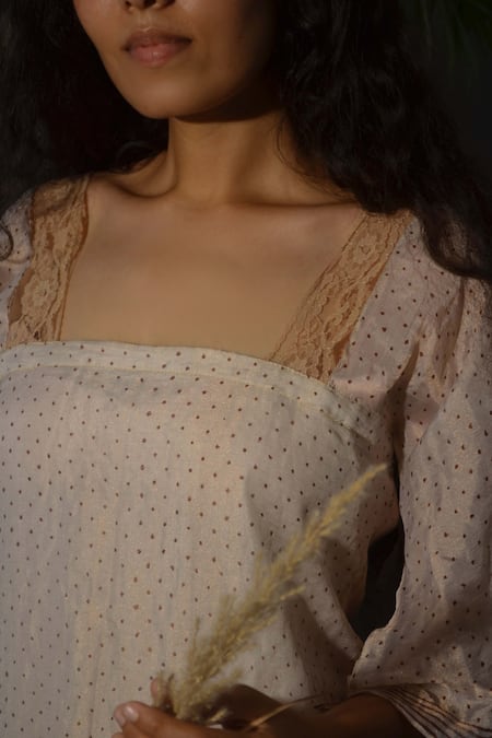 Buy_Studio Malang_Beige Tissue Embroidery Square Neck Huma Polka Dot Print Dress_Online_at_Aza_Fashions