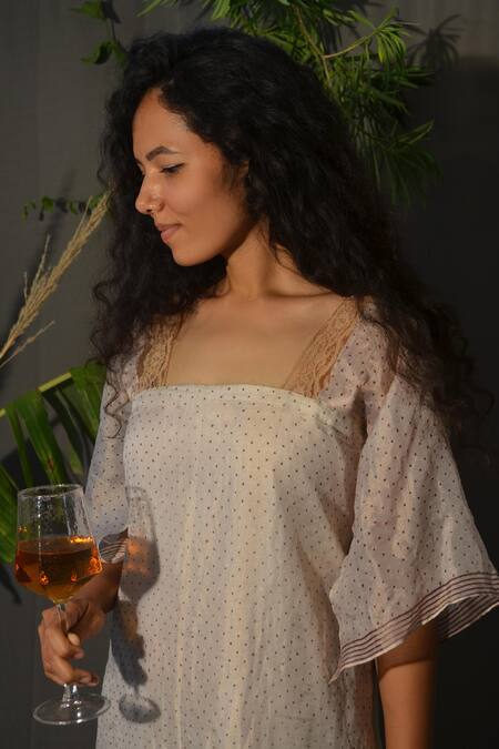 Shop_Studio Malang_Beige Tissue Embroidery Square Neck Huma Polka Dot Print Dress_Online_at_Aza_Fashions