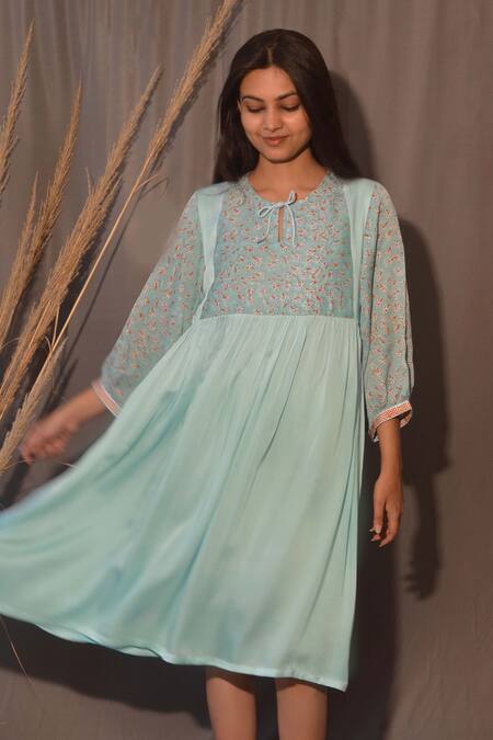 Studio Malang_Blue Modal Embroidery Keyhole Neck Placement Printed Ombre Dress_Online_at_Aza_Fashions