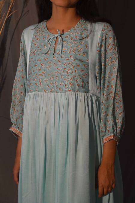 Buy_Studio Malang_Blue Modal Embroidery Keyhole Neck Placement Printed Ombre Dress_Online_at_Aza_Fashions