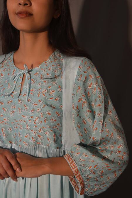 Shop_Studio Malang_Blue Modal Embroidery Keyhole Neck Placement Printed Ombre Dress_Online_at_Aza_Fashions