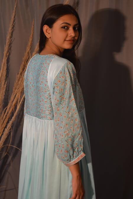 Studio Malang_Blue Modal Embroidery Keyhole Neck Placement Printed Ombre Dress_at_Aza_Fashions