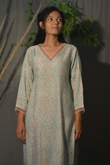 Shop Studio Malang Blue Tissue, Modal V-neck Floral Pattern Kurta Pant Set at Aza Fashions Shop_Studio Malang_Blue Tissue, Modal V-neck Floral Pattern Kurta Pant Set_at_Aza_Fashions