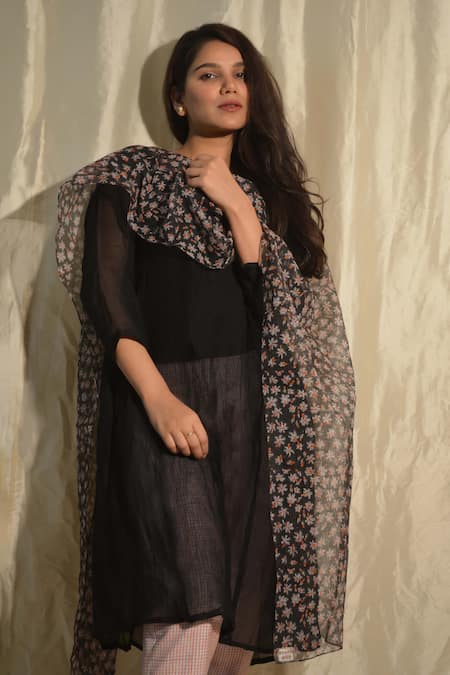 Shop Studio Malang Black Kota Doria Embroidery Round Neck Solid Kurta Pant Set at Aza Fashions Shop_Studio Malang_Black Kota Doria Embroidery Round Neck Solid Kurta Pant Set_at_Aza_Fashions