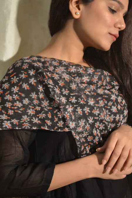 Shop Studio Malang Black Kota Doria Embroidery Round Neck Solid Kurta Pant Set Online at Aza Fashions Shop_Studio Malang_Black Kota Doria Embroidery Round Neck Solid Kurta Pant Set_Online_at_Aza_Fashions