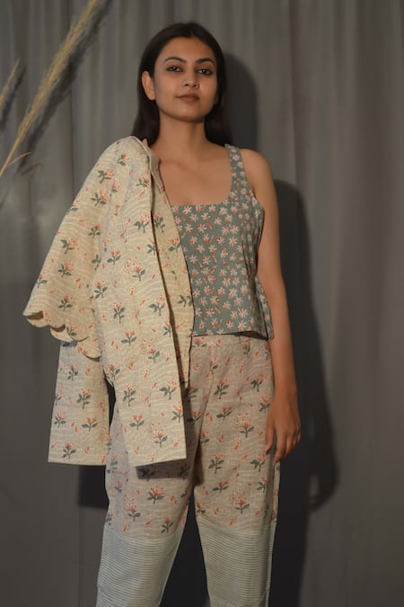 Shop Studio Malang Off White Cotton Embroidery Botanical Print Blazer Pant Set at Aza Fashions Shop_Studio Malang_Off White Cotton Embroidery Botanical Print Blazer Pant Set_at_Aza_Fashions