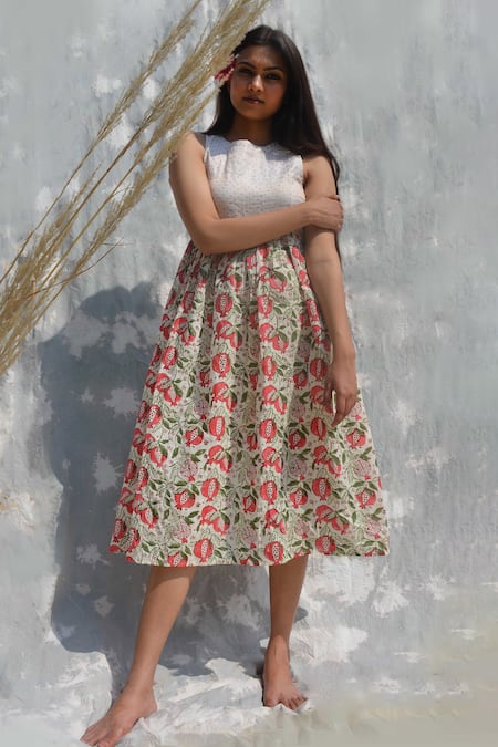 Shop Studio Malang Off White Cotton, Tissue Round Neck Polka Dots Pattern Yoke Dress at Aza Fashions Shop_Studio Malang_Off White Cotton, Tissue Round Neck Polka Dots Pattern Yoke Dress _at_Aza_Fashions