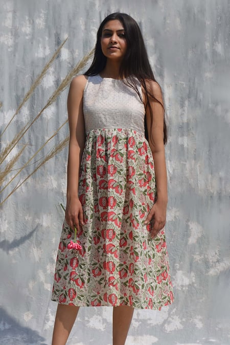 Studio Malang Off White Cotton, Tissue Round Neck Polka Dots Pattern Yoke Dress Online at Aza Fashions Studio Malang_Off White Cotton, Tissue Round Neck Polka Dots Pattern Yoke Dress _Online_at_Aza_Fashions