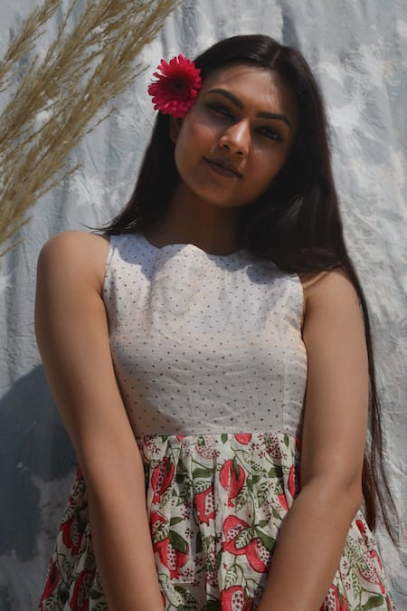 Shop Studio Malang Off White Cotton, Tissue Round Neck Polka Dots Pattern Yoke Dress Online at Aza Fashions Shop_Studio Malang_Off White Cotton, Tissue Round Neck Polka Dots Pattern Yoke Dress _Online_at_Aza_Fashions