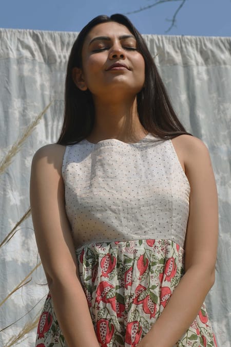 Shop Studio Malang Off White Cotton, Tissue Round Neck Polka Dots Pattern Yoke Dress Shop_Studio Malang_Off White Cotton, Tissue Round Neck Polka Dots Pattern Yoke Dress