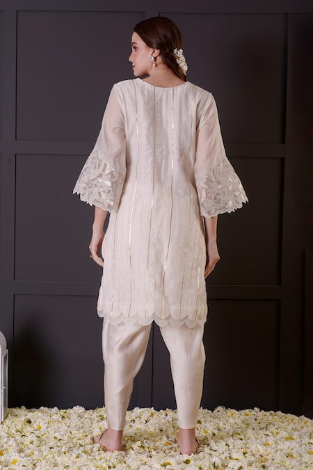 Shop_Surabhi Arya_White Chanderi, Modal, Satin Cut Work, Zari, Gota Patti, Kurta And Dhoti Pant Set _at_Aza_Fashions