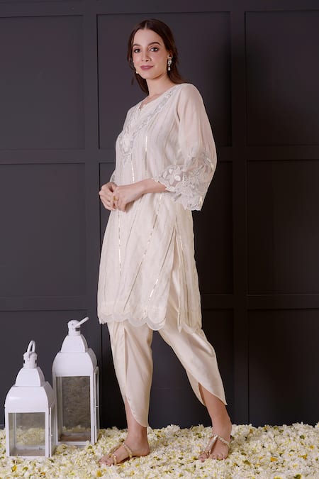 Buy_Surabhi Arya_White Chanderi, Modal, Satin Cut Work, Zari, Gota Patti, Kurta And Dhoti Pant Set _Online_at_Aza_Fashions