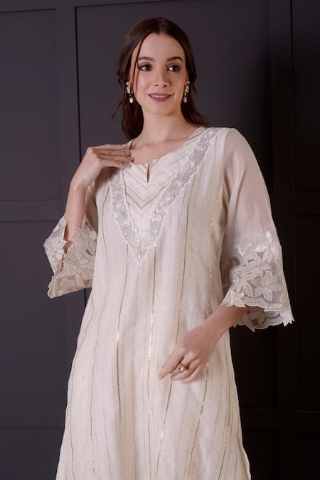 Shop_Surabhi Arya_White Chanderi, Modal, Satin Cut Work, Zari, Gota Patti, Kurta And Dhoti Pant Set _Online_at_Aza_Fashions