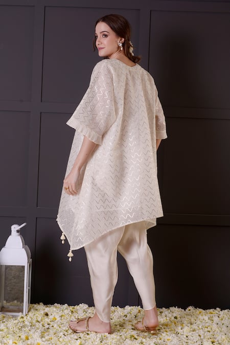 Shop_Surabhi Arya_White Chanderi, Modal, Satin Gota Patti Round Embroidered Kurta And Dhoti Pant Set _at_Aza_Fashions