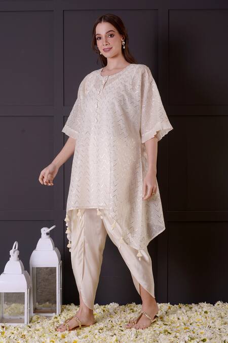 Buy_Surabhi Arya_White Chanderi, Modal, Satin Gota Patti Round Embroidered Kurta And Dhoti Pant Set _Online_at_Aza_Fashions