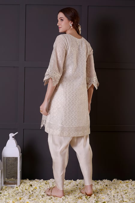 Shop_Surabhi Arya_White Chanderi, Modal, Satin Embroidery V-neck Mirror Kurta And Dhoti Pant Set _at_Aza_Fashions