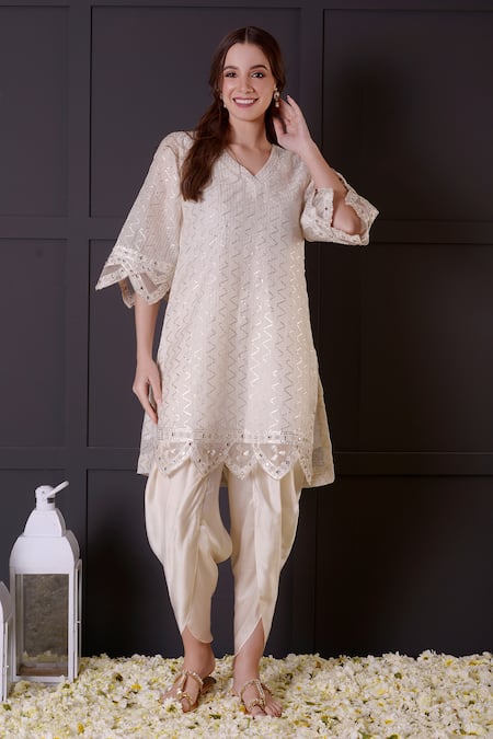 Surabhi Arya_White Chanderi, Modal, Satin Embroidery V-neck Mirror Kurta And Dhoti Pant Set _Online_at_Aza_Fashions