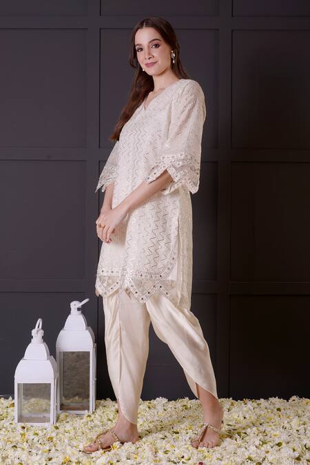 Buy_Surabhi Arya_White Chanderi, Modal, Satin Embroidery V-neck Mirror Kurta And Dhoti Pant Set _Online_at_Aza_Fashions