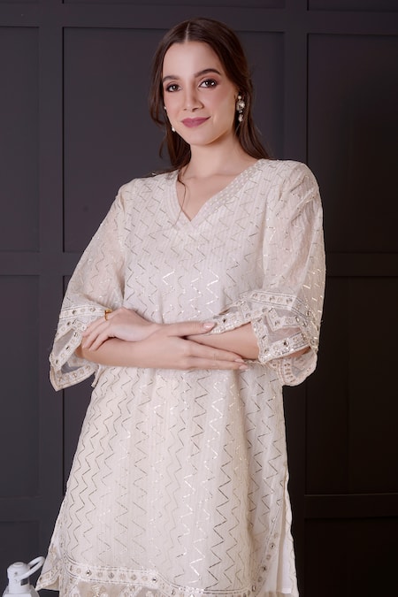 Shop_Surabhi Arya_White Chanderi, Modal, Satin Embroidery V-neck Mirror Kurta And Dhoti Pant Set _Online_at_Aza_Fashions