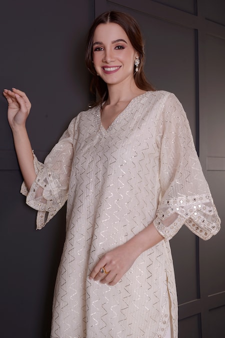 Surabhi Arya_White Chanderi, Modal, Satin Embroidery V-neck Mirror Kurta And Dhoti Pant Set _at_Aza_Fashions