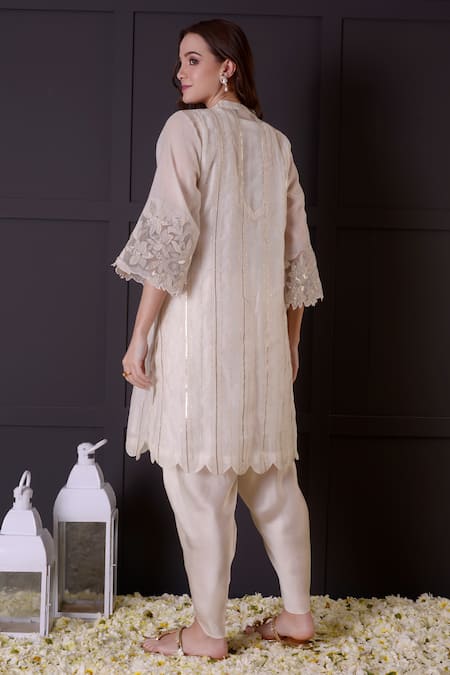 Shop_Surabhi Arya_White Chanderi, Modal, Satin Embroidery, Gota Patti Work Kurta And Dhoti Pant Set _at_Aza_Fashions