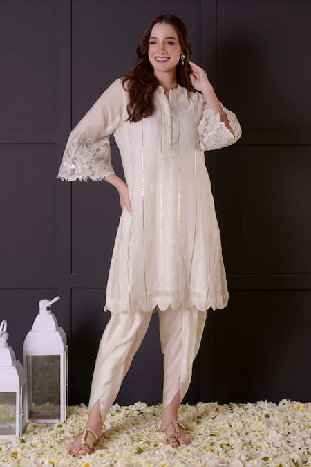 Surabhi Arya_White Chanderi, Modal, Satin Embroidery, Gota Patti Work Kurta And Dhoti Pant Set _Online_at_Aza_Fashions