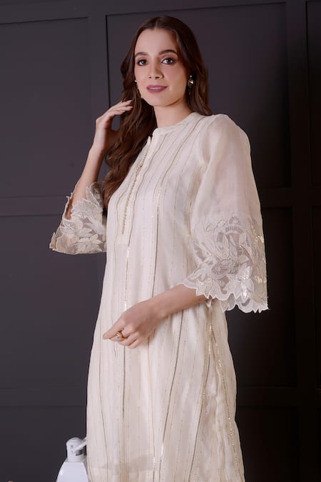 Surabhi Arya_White Chanderi, Modal, Satin Embroidery, Gota Patti Work Kurta And Dhoti Pant Set _at_Aza_Fashions