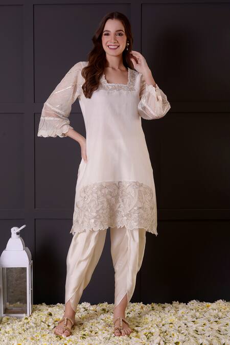 Surabhi Arya_White Chanderi, Modal, Satin Embroidery, Cut Work, Zari Kurta And Dhoti Pant Set _Online_at_Aza_Fashions
