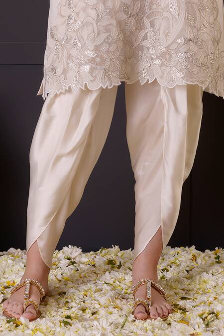 Buy_Surabhi Arya_White Chanderi, Modal, Satin Embroidery, Cut Work, Zari Kurta And Dhoti Pant Set _Online_at_Aza_Fashions