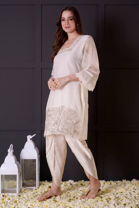 Shop_Surabhi Arya_White Chanderi, Modal, Satin Embroidery, Cut Work, Zari Kurta And Dhoti Pant Set _Online_at_Aza_Fashions