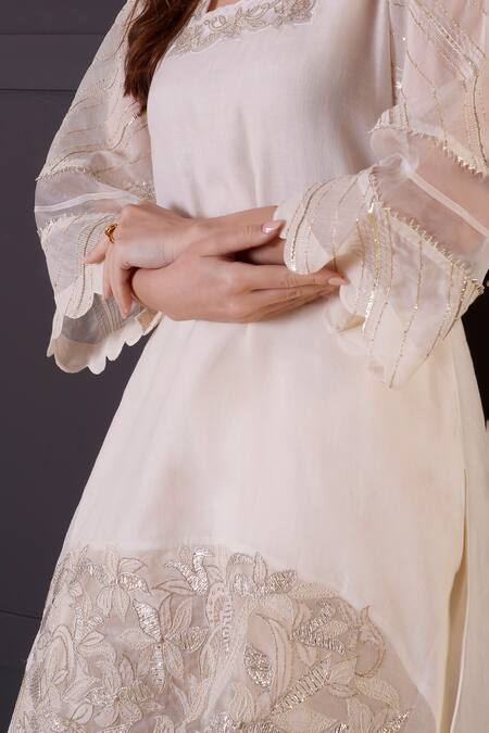 Surabhi Arya_White Chanderi, Modal, Satin Embroidery, Cut Work, Zari Kurta And Dhoti Pant Set _at_Aza_Fashions