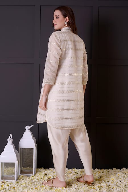 Shop_Surabhi Arya_White Chanderi, Modal, Satin Gota Patti Embroidered Short Kurta And Dhoti Pant Set _at_Aza_Fashions