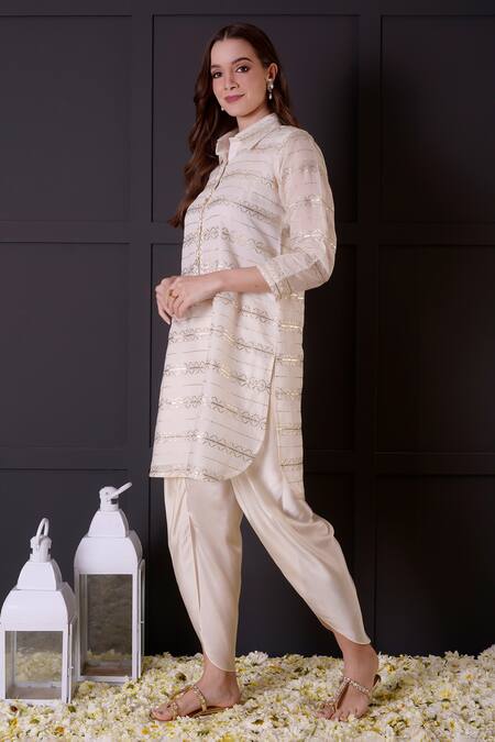 Shop_Surabhi Arya_White Chanderi, Modal, Satin Gota Patti Embroidered Short Kurta And Dhoti Pant Set _Online_at_Aza_Fashions