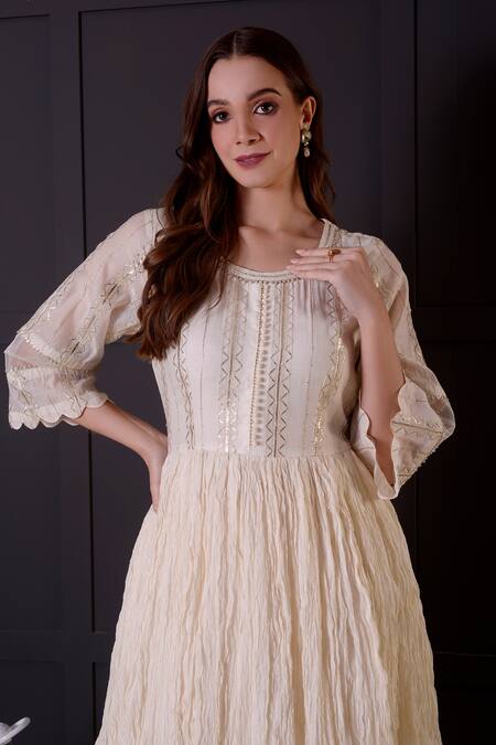 Shop_Surabhi Arya_White Chanderi Gota Patti Round Neck Embroidered Anarkali And Pant Set _Online_at_Aza_Fashions
