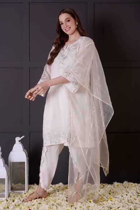 Buy_Surabhi Arya_White Organza, Modal, Satin Embroidery, Zari Split V-neck Kurta Dhoti Pant Set _Online_at_Aza_Fashions