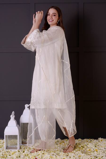 Shop_Surabhi Arya_White Organza, Modal, Satin Embroidery, Zari Split V-neck Kurta Dhoti Pant Set _Online_at_Aza_Fashions