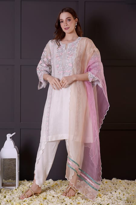 Buy_Surabhi Arya_White Organza, Modal, Satin Embroidery Split V-neck Thread Kurta Dhoti Pant Set _Online_at_Aza_Fashions