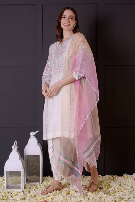 Shop_Surabhi Arya_White Organza, Modal, Satin Embroidery Split V-neck Thread Kurta Dhoti Pant Set _Online_at_Aza_Fashions