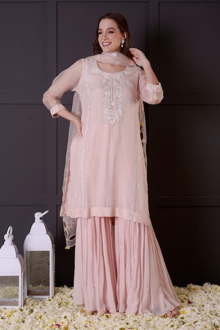 Surabhi Arya Pink Kurta And Dupatta Organza Embroidered Floral Round Gharara Set 