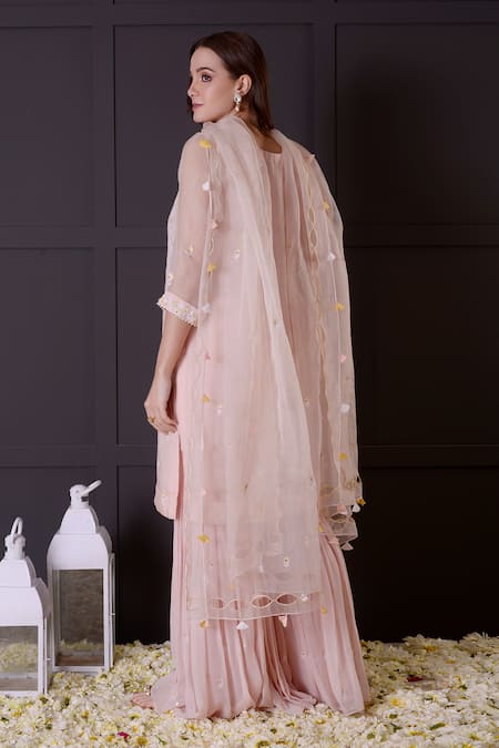 Shop_Surabhi Arya_Pink Organza, Georgette Embroidery Round Neck Floral Kurta Gharara Set _at_Aza_Fashions