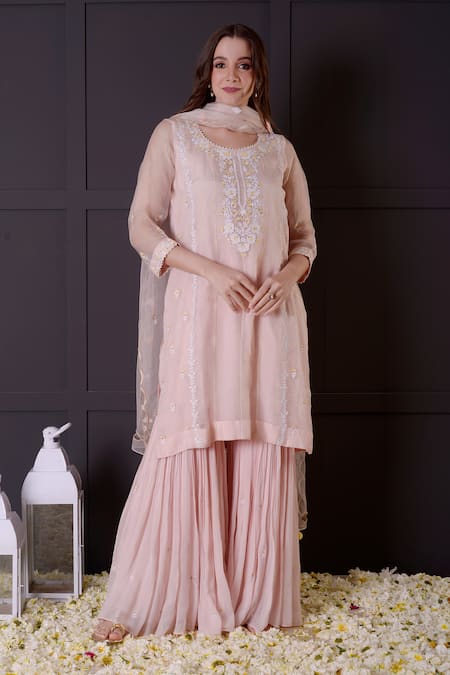 Surabhi Arya_Pink Organza, Georgette Embroidery Round Neck Floral Kurta Gharara Set _Online_at_Aza_Fashions
