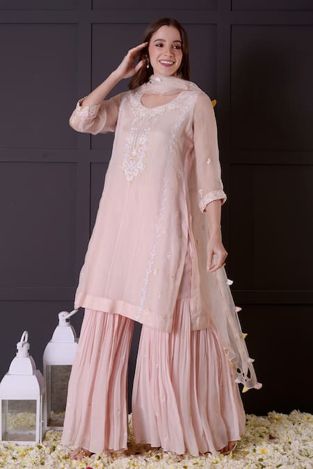 Buy_Surabhi Arya_Pink Organza, Georgette Embroidery Round Neck Floral Kurta Gharara Set _Online_at_Aza_Fashions