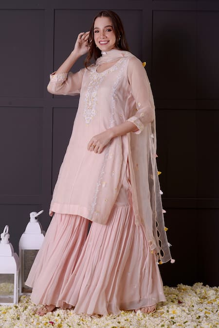 Shop_Surabhi Arya_Pink Organza, Georgette Embroidery Round Neck Floral Kurta Gharara Set _Online_at_Aza_Fashions