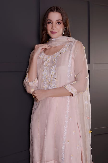 Surabhi Arya_Pink Organza, Georgette Embroidery Round Neck Floral Kurta Gharara Set _at_Aza_Fashions