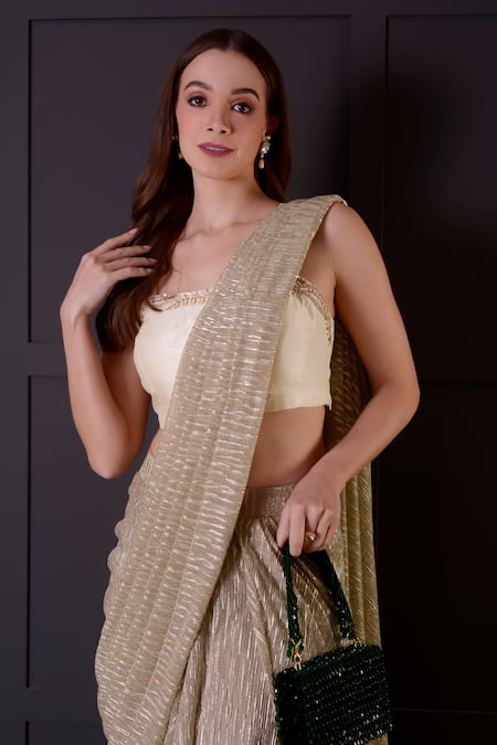 Surabhi Arya_Gold Silk, Bamboo Embroidery Square Neck Pre-draped Saree With Blouse _Online_at_Aza_Fashions