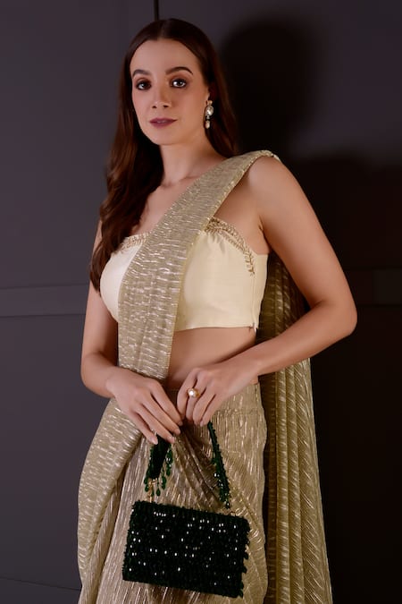 Buy_Surabhi Arya_Gold Silk, Bamboo Embroidery Square Neck Pre-draped Saree With Blouse _Online_at_Aza_Fashions