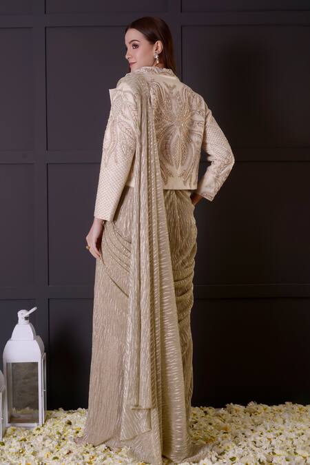 Shop_Surabhi Arya_Gold Silk, Bamboo Pearls, Embroidery Round Pre-draped Saree Set With Jacket _at_Aza_Fashions