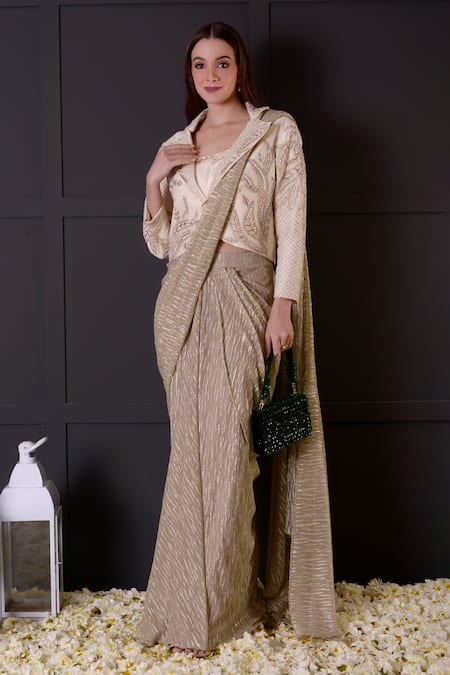 Surabhi Arya_Gold Silk, Bamboo Pearls, Embroidery Round Pre-draped Saree Set With Jacket _Online_at_Aza_Fashions